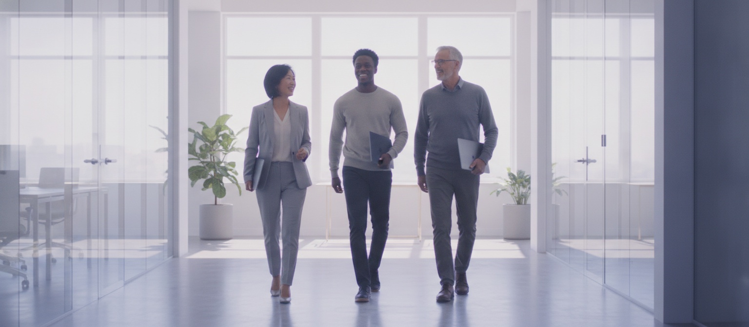 People walking through a bright office with closed MacBooks